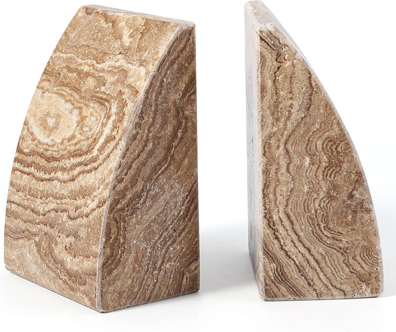 Koville Travertine Bookends for Shelves, Large Stone Bookends for Heavy Books, Non-Slip Heavy Duty Book Stopper for CD/Movies, Aesthetic Decorative Book Ends for Bookshelf Table Home Decor(Brown) - Image 1